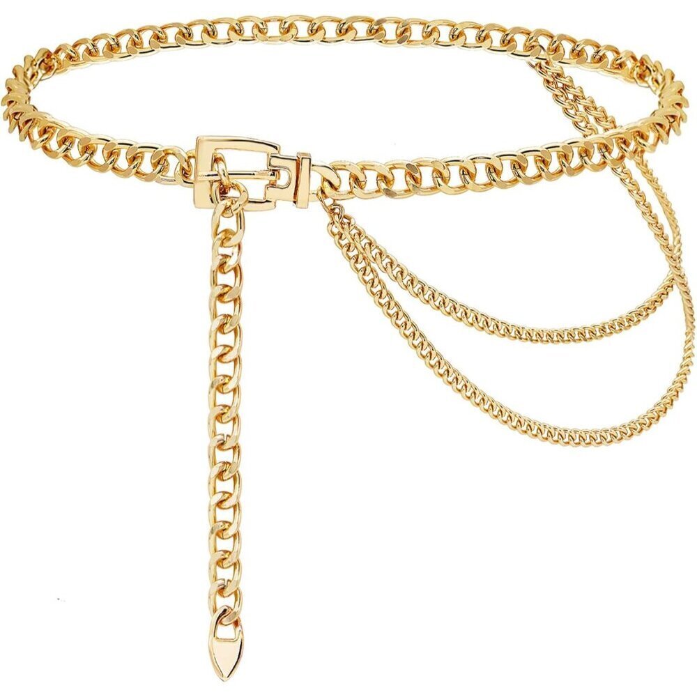 Women Girls Gold Alloy Multi-Layer Waist Chain Belt for Dress Party